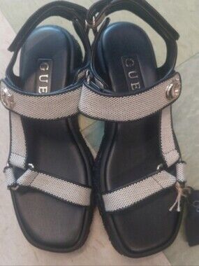 GUESS Women's Black Silver Sandals Size 9 Adjustable Comfort Sandals